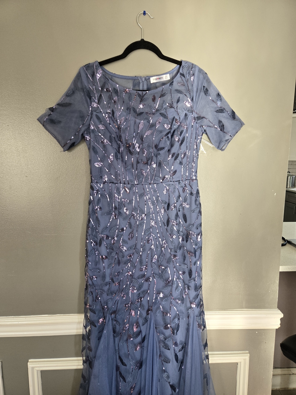 Ever Pretty Blue Sequin Embellished Long Sleeve Evening Gown